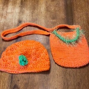 Hand knit newborn Halloween Cap and Bag